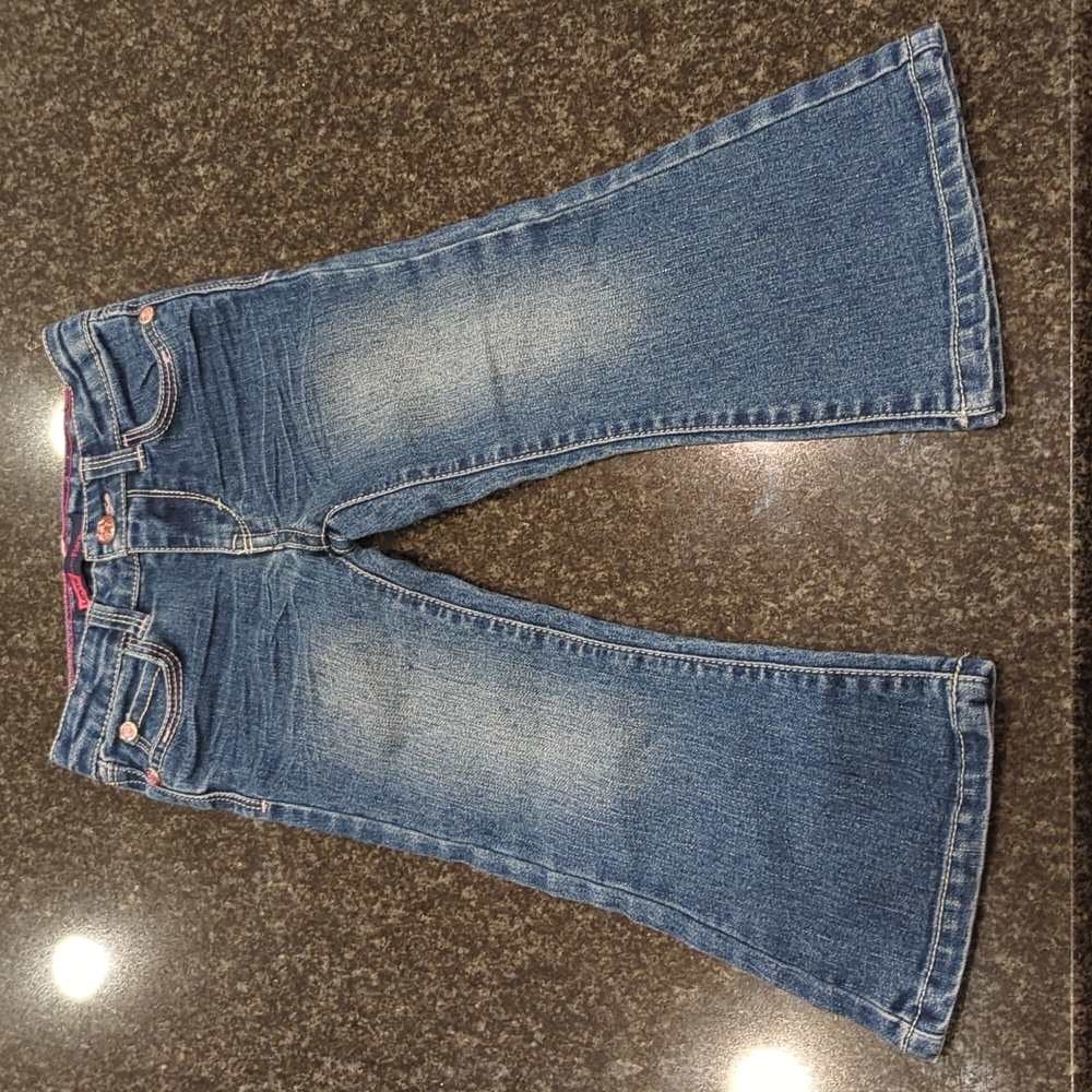 Levi Flare Jeans Girls, Size 2T with pink buttons and accents